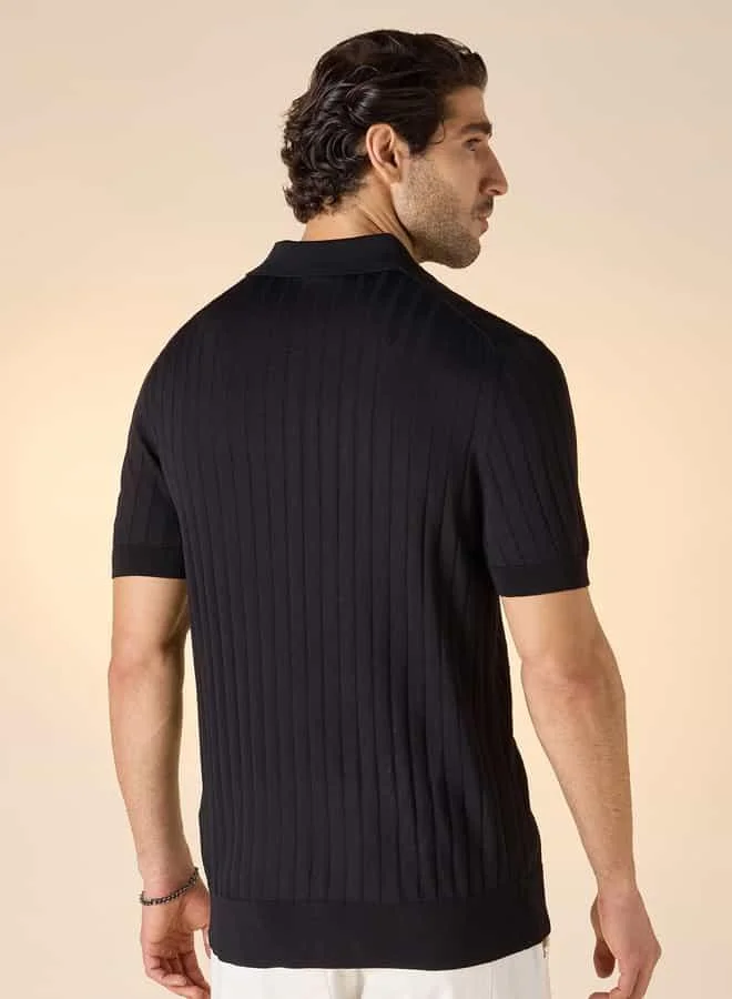 Iconic Iconic Textured Sweater with Polo Collar and Short Sleeves