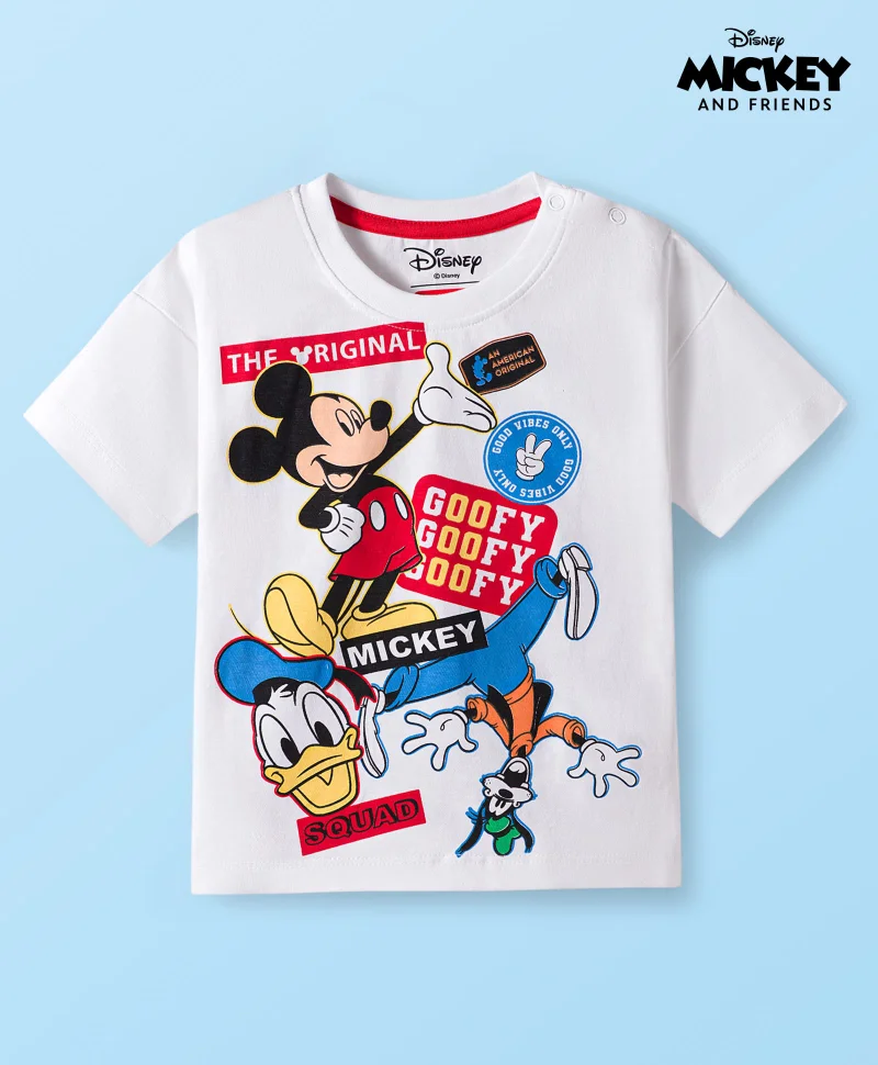 Babyhug Disney Babyhug Disney Single Jersey Knit Drop Shoulder Oversized T-Shirt with Mickey & Friends Graphic - White