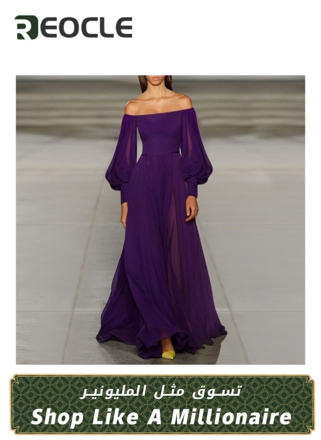 REOCLE Women's Boho Off Shoulder Dress Long Sleeve Prom Dress High Waist Flowy Long Maxi Dress Tulle Ball Gown Princess Formal Evening Gowns  - Image 1