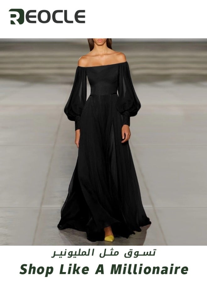 REOCLE Women's Boho Off Shoulder Dress Long Sleeve Prom Dress High Waist Flowy Long Maxi Dress Tulle Ball Gown Princess Formal Evening Gowns  - Image 2