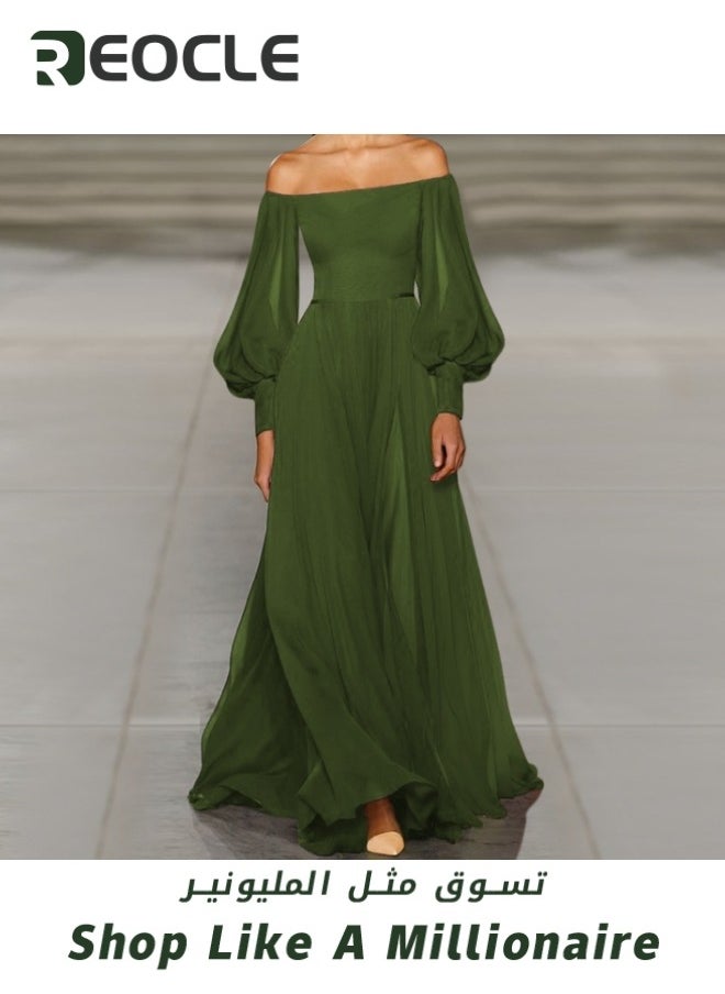REOCLE Women's Boho Off Shoulder Dress Long Sleeve Prom Dress High Waist Flowy Long Maxi Dress Tulle Ball Gown Princess Formal Evening Gowns  - Image 3