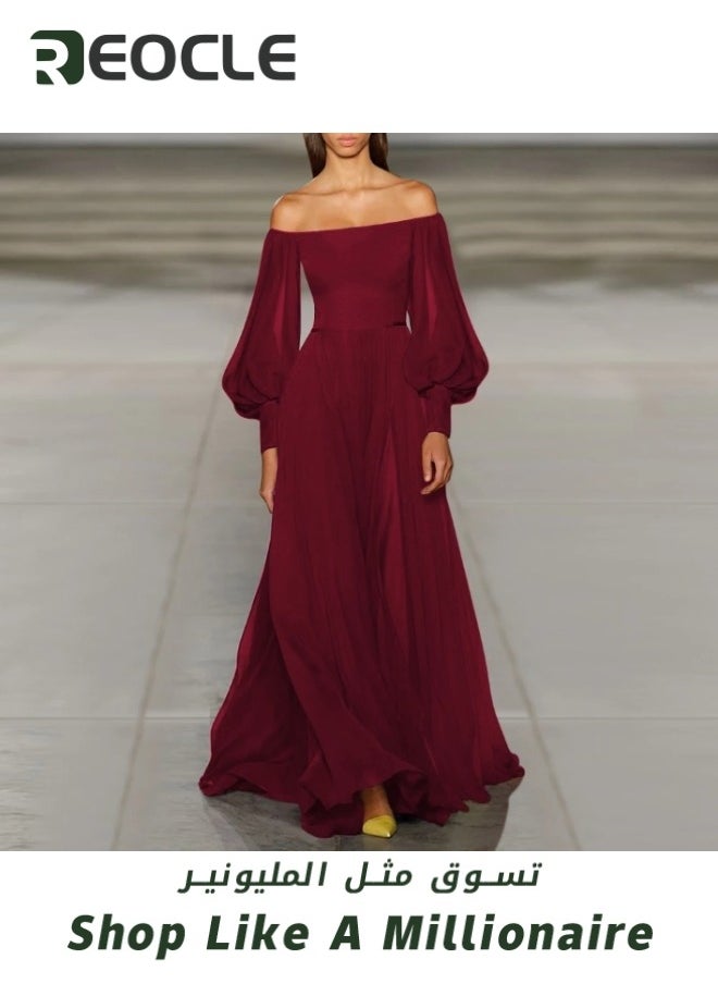 REOCLE Women's Boho Off Shoulder Dress Long Sleeve Prom Dress High Waist Flowy Long Maxi Dress Tulle Ball Gown Princess Formal Evening Gowns  - Image 4