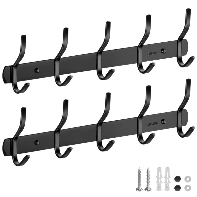 TooCust Coat Rack Wall Mounted 5 Hooks 16 Heavy Duty Stainless Steel Wall Hooks for Hanging Coats Hats Towels Purse Robes in Mudroom Bathroom Entryway Black Pack of 2 - Image 2