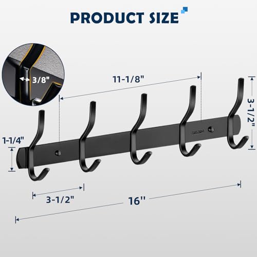 TooCust Coat Rack Wall Mounted 5 Hooks 16 Heavy Duty Stainless Steel Wall Hooks for Hanging Coats Hats Towels Purse Robes in Mudroom Bathroom Entryway Black Pack of 2 - Image 3