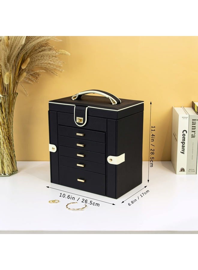 KAMIER Jewellery Box for Women Large 6 Tier Jewellery Box with Mirror and 5 Drawers for Rings, Earrings, Necklaces, Bracelets, Black - Image 2