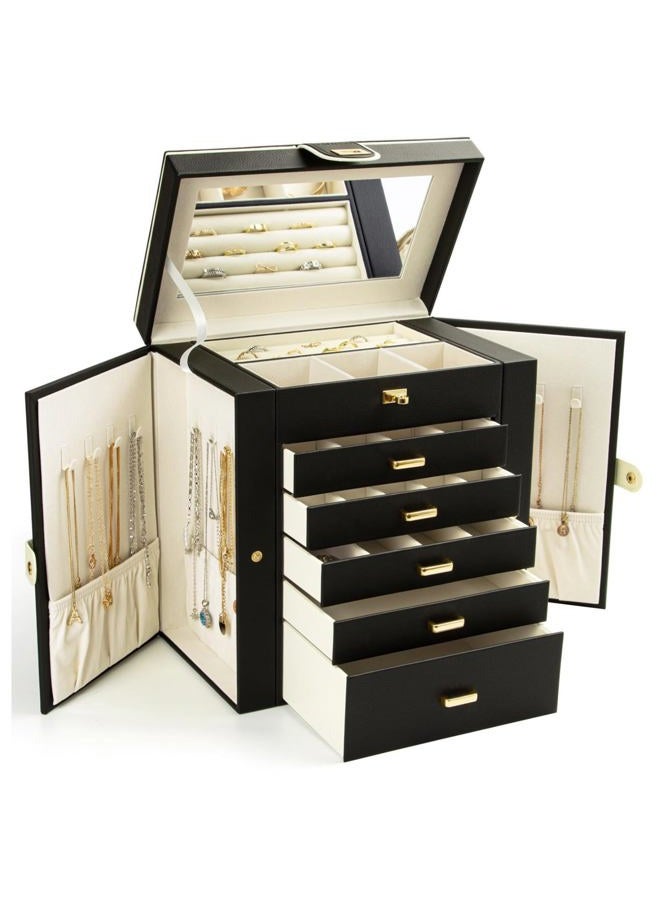KAMIER Jewellery Box for Women Large 6 Tier Jewellery Box with Mirror and 5 Drawers for Rings, Earrings, Necklaces, Bracelets, Black - Image 1