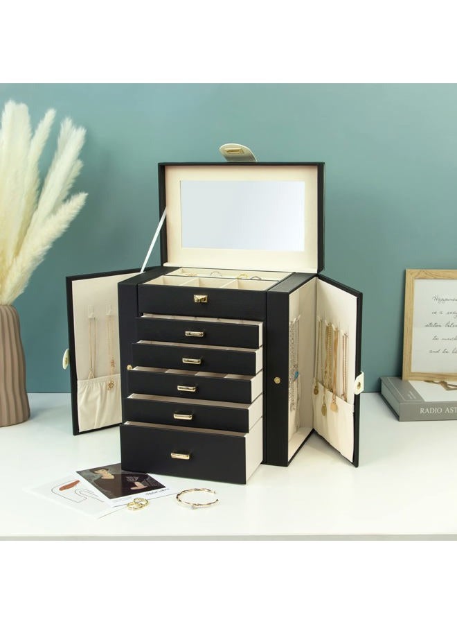 KAMIER Jewellery Box for Women Large 6 Tier Jewellery Box with Mirror and 5 Drawers for Rings, Earrings, Necklaces, Bracelets, Black - Image 5