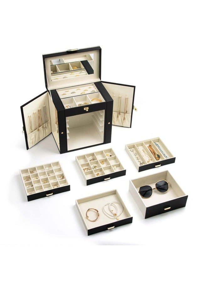 KAMIER Jewellery Box for Women Large 6 Tier Jewellery Box with Mirror and 5 Drawers for Rings, Earrings, Necklaces, Bracelets, Black - Image 3