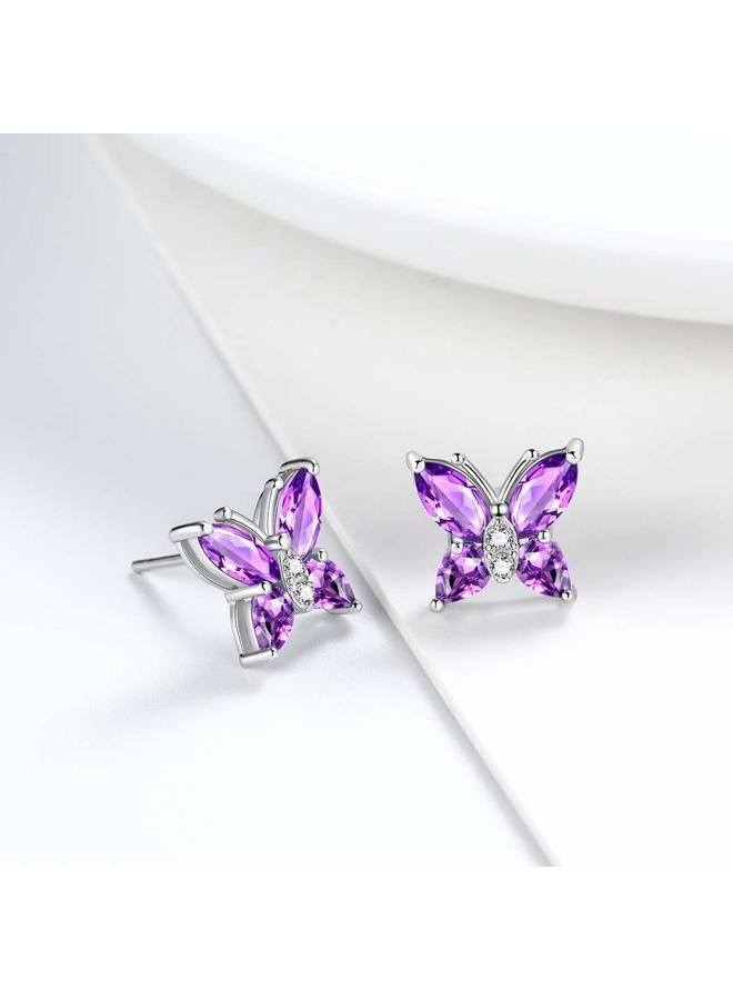 Aurora Tears Purple Studs Women 925 Sterling Silver Earrings Crystal Butterfly Jewelry Girls Animal Butterflies Stud Earring Dating Gift For Wedding DE0078P - Image 2