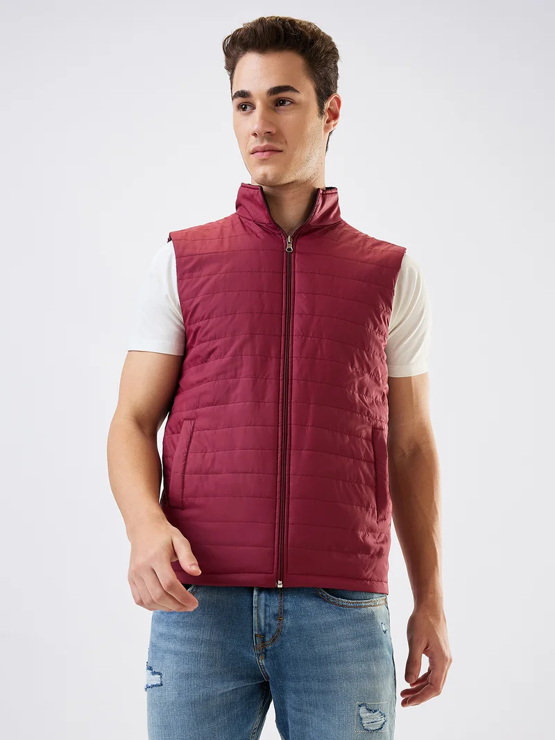 globus Globus Men Maroon Mock Neck Front Zip Reversible Quilted Insulator Winter Jacket