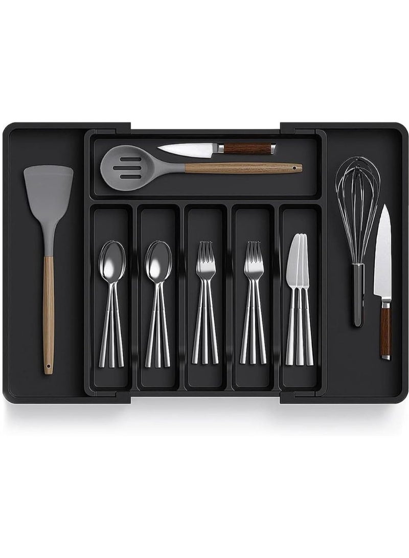 ZedAura Silverware Drawer Organizer, Expandable Utensil Tray for Kitchen, BPA Free Flatware and Cutlery Holder, Adjustable Plastic Storage for Spoons Forks Knives, Large, Black - Image 1