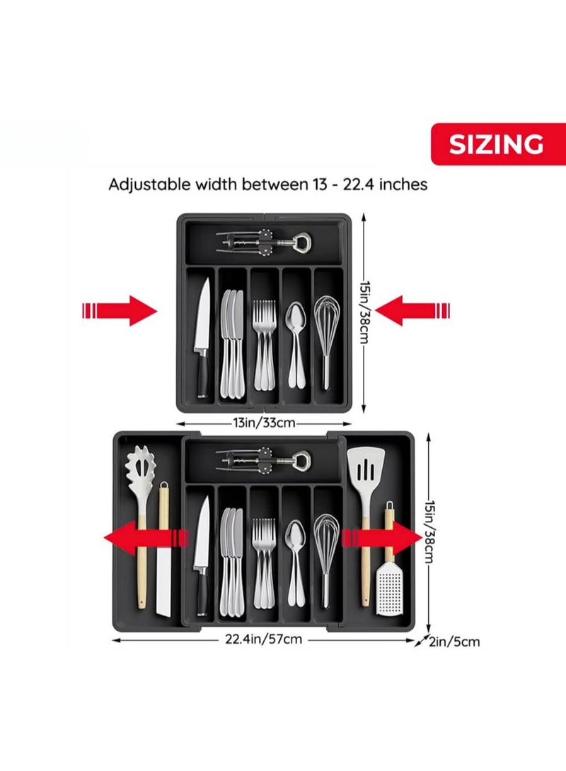 ZedAura Silverware Drawer Organizer, Expandable Utensil Tray for Kitchen, BPA Free Flatware and Cutlery Holder, Adjustable Plastic Storage for Spoons Forks Knives, Large, Black - Image 2