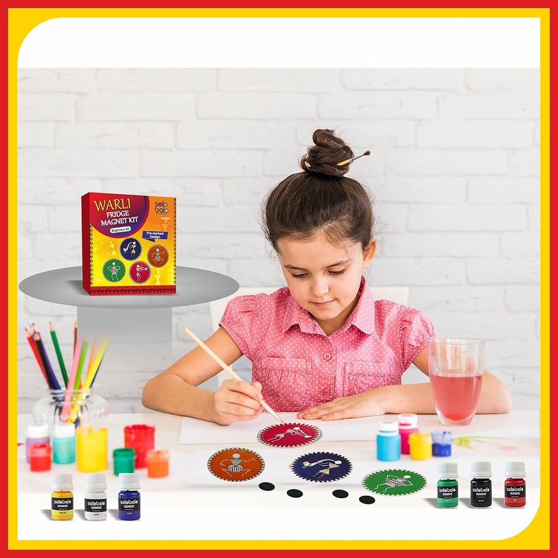 SOLOBOLO Warli Art Painting Kit|Decorative Fridge Magnets for Kitchen|Warli Art and Craft Kit|Gifts for Girls Age 10-12|4 Pre Marked DIY Painting Kit Fridge Magnets|Big Size 3.5 in Dia|Pack of 3 Sets - Image 2