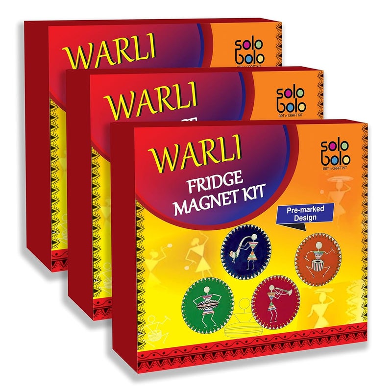 SOLOBOLO Warli Art Painting Kit|Decorative Fridge Magnets for Kitchen|Warli Art and Craft Kit|Gifts for Girls Age 10-12|4 Pre Marked DIY Painting Kit Fridge Magnets|Big Size 3.5 in Dia|Pack of 3 Sets - Image 1