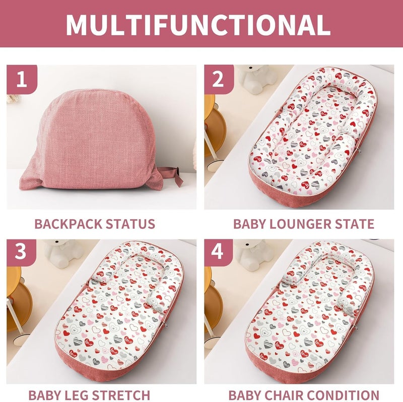 Baby Lounger, Foldable Infant Nest Pillow with Soft Memory Foam Mat, Infant Floor Seats Cover with Adorable Pattern, Converts to Backpack for Easy Travel, 0-12 Months (Pink-Heart) - Image 3