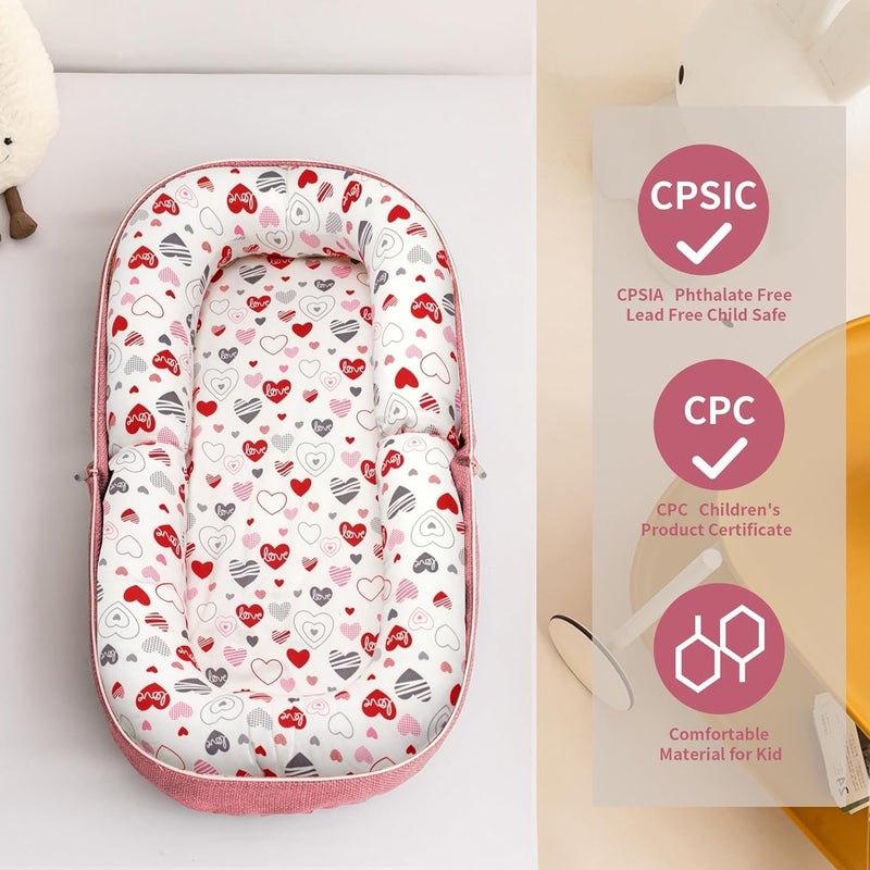 Baby Lounger, Foldable Infant Nest Pillow with Soft Memory Foam Mat, Infant Floor Seats Cover with Adorable Pattern, Converts to Backpack for Easy Travel, 0-12 Months (Pink-Heart) - Image 4