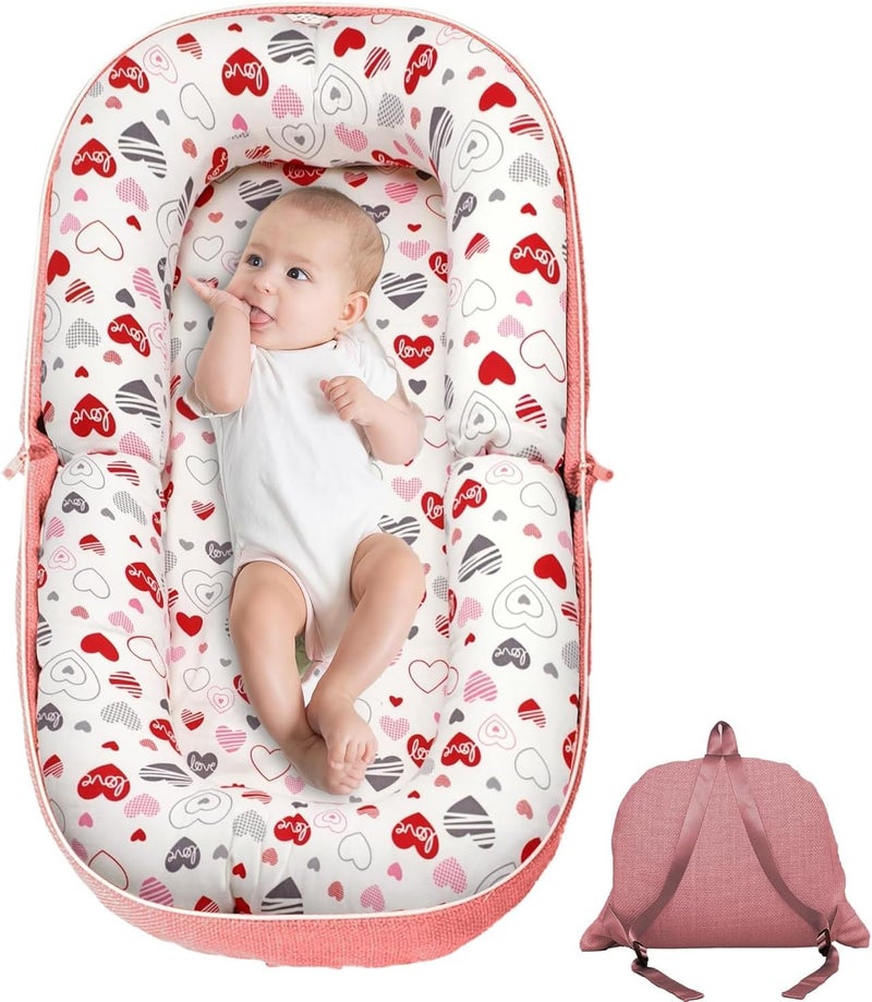Baby Lounger, Foldable Infant Nest Pillow with Soft Memory Foam Mat, Infant Floor Seats Cover with Adorable Pattern, Converts to Backpack for Easy Travel, 0-12 Months (Pink-Heart) - Image 1