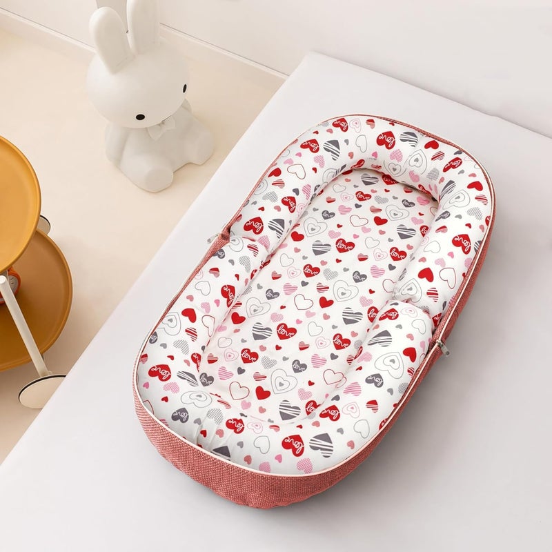 Baby Lounger, Foldable Infant Nest Pillow with Soft Memory Foam Mat, Infant Floor Seats Cover with Adorable Pattern, Converts to Backpack for Easy Travel, 0-12 Months (Pink-Heart) - Image 2