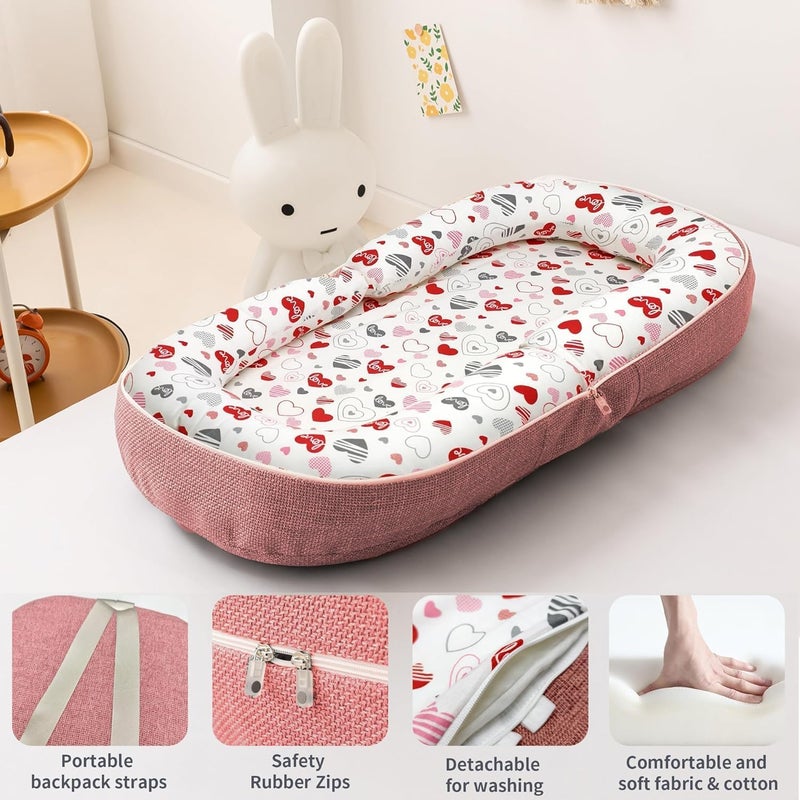 Baby Lounger, Foldable Infant Nest Pillow with Soft Memory Foam Mat, Infant Floor Seats Cover with Adorable Pattern, Converts to Backpack for Easy Travel, 0-12 Months (Pink-Heart) - Image 5