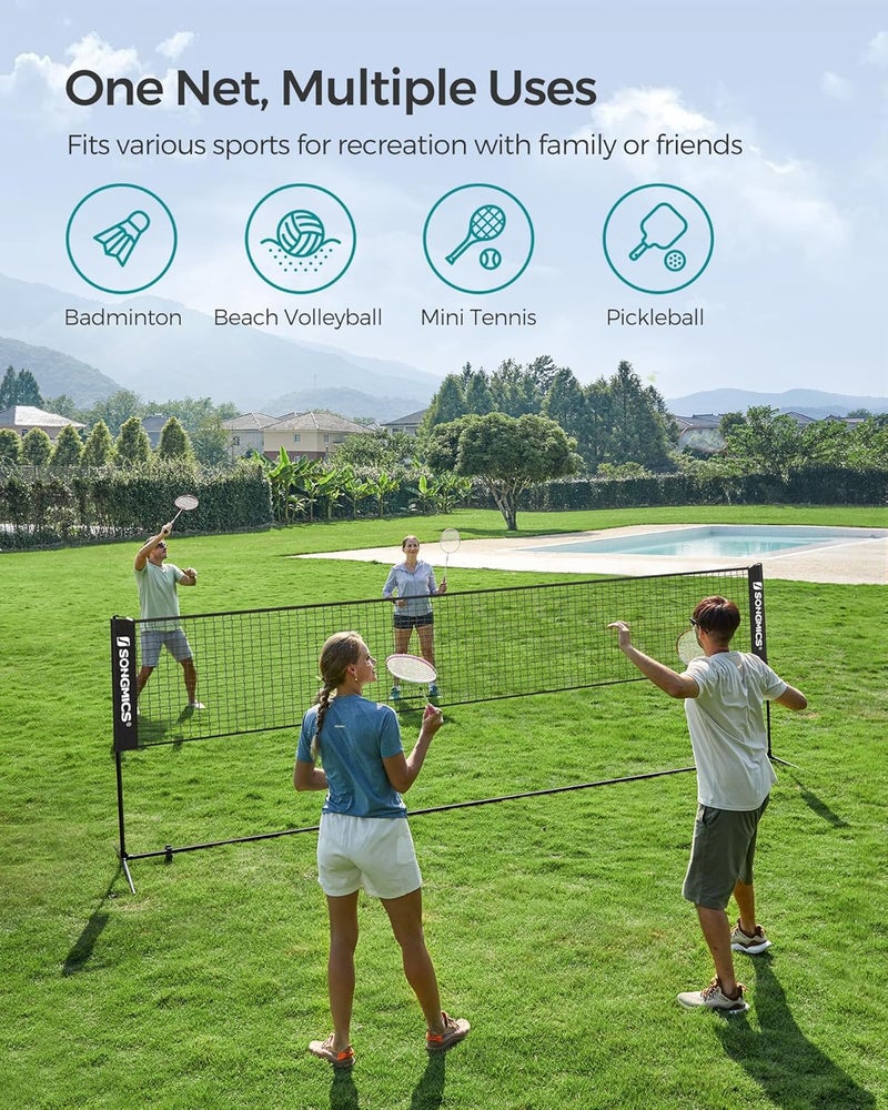 SONGMICS Badminton Net, Height Adjustable Volleyball Net, Pickleball Net for Junior Tennis, Kids, Indoor Outdoor Court, Foldable Nylon Net with Poles 10ft/13ft/16.5ft Wide - Image 2