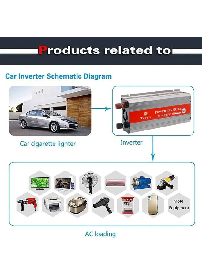 توبيز محول طاقة للسيارة بقوة 800 واط، محول طاقة تيار متردد من 12 فولت إلى 220 فولت، شاشة LED، عاكس موجة جيبية معدلة لأجهزة الكمبيوتر المحمول والكمبيوتر اللوحي والأنظمة الشمسية والتخييم - INVERTER 800 - Image 4