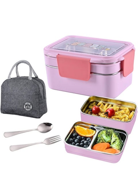 Bento Box, Stainless Steel Double Layer Lunch Box with Spoon and Fork, Stainless Steel Lunch Box with lunch bag, Leakproof Bento Box Pink