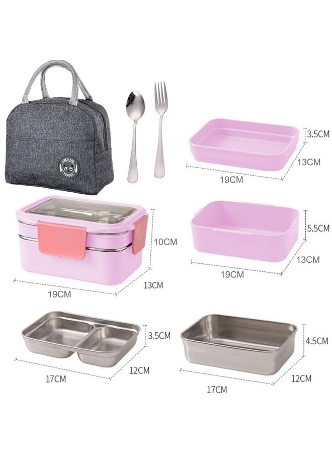 GGEROU - Bento Box, Stainless Steel Double Layer Lunch Box with Spoon and Fork, Stainless Steel Lunch Box with lunch bag, Leakproof Bento Box Pink - Image 1
