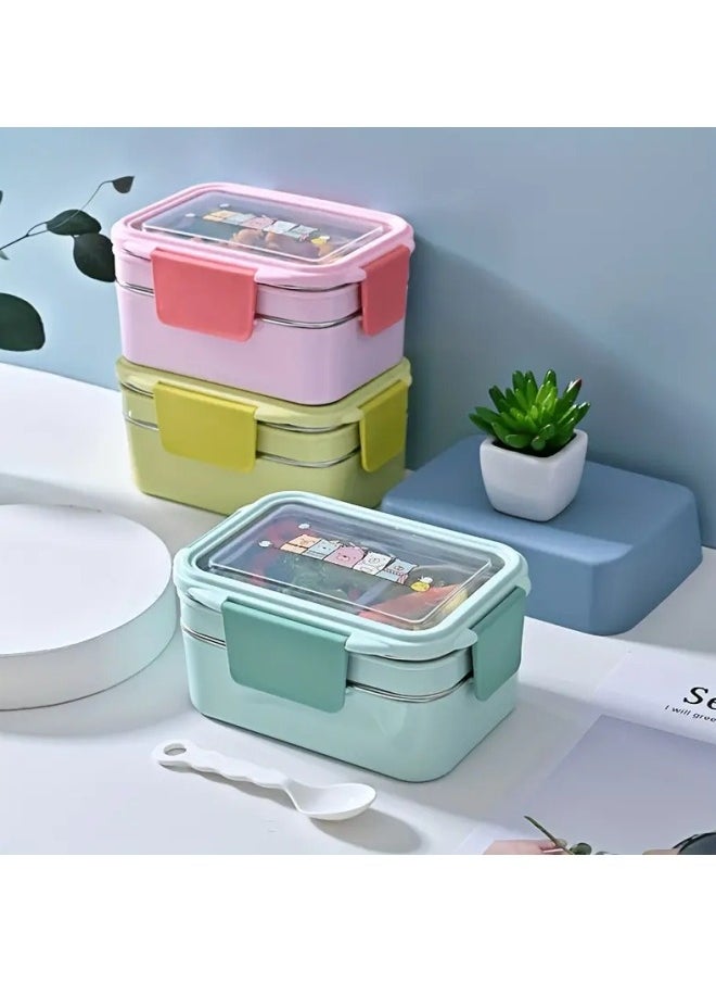 GGEROU - Bento Box, Stainless Steel Double Layer Lunch Box with Spoon and Fork, Stainless Steel Lunch Box with lunch bag, Leakproof Bento Box Pink - Image 1