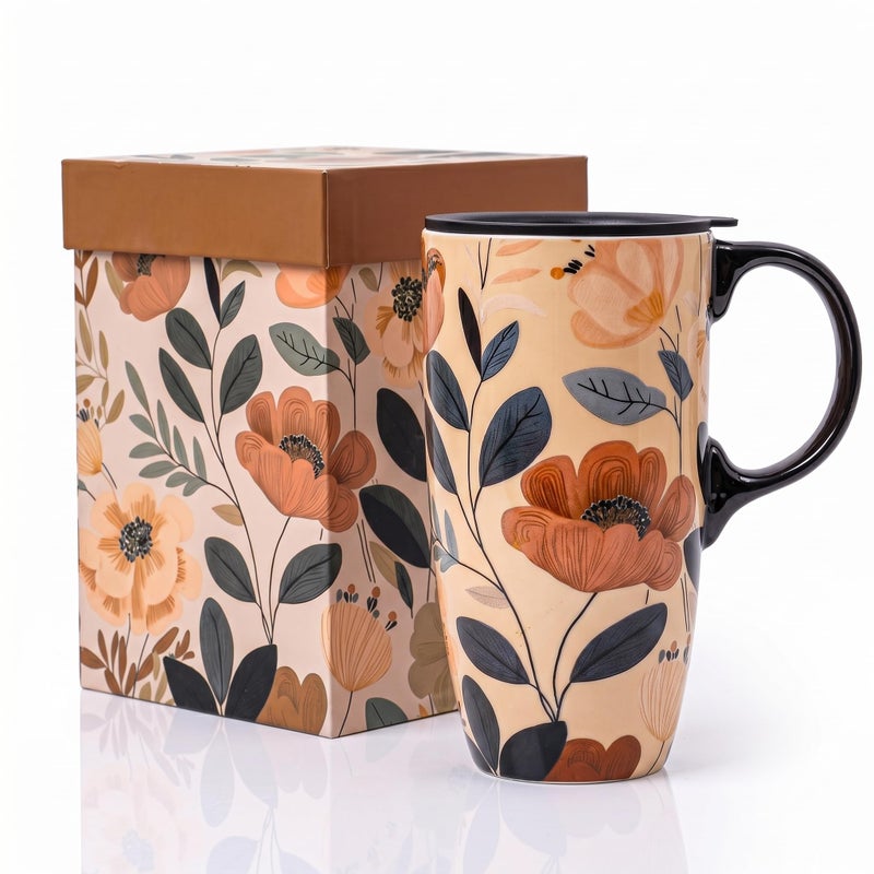 Topadorn 17oz Ceramic Coffee Mug with Lid Gift Box Boho Terracotta Floral Porcelain Tea Cup Vintage Botanical Design Microwave Dishwasher Safe Travel Mug - Image 2