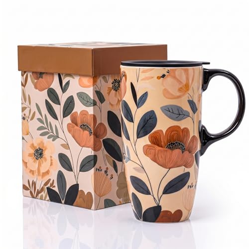 Topadorn 17oz Ceramic Coffee Mug with Lid Gift Box Boho Terracotta Floral Porcelain Tea Cup Vintage Botanical Design Microwave Dishwasher Safe Travel Mug - Image 1
