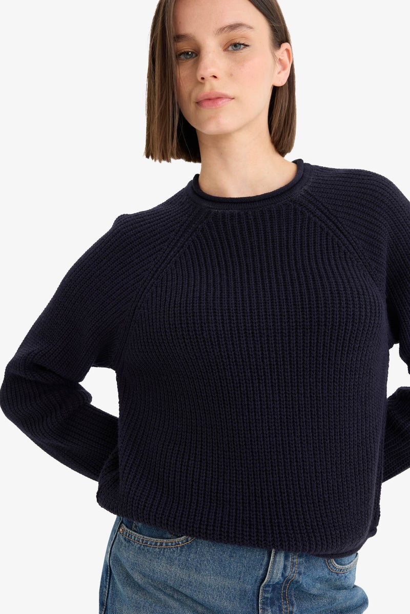 DeFacto Blue Woman Regular Fit Crew Neck Basic Knit Pullover Casual - Image 1