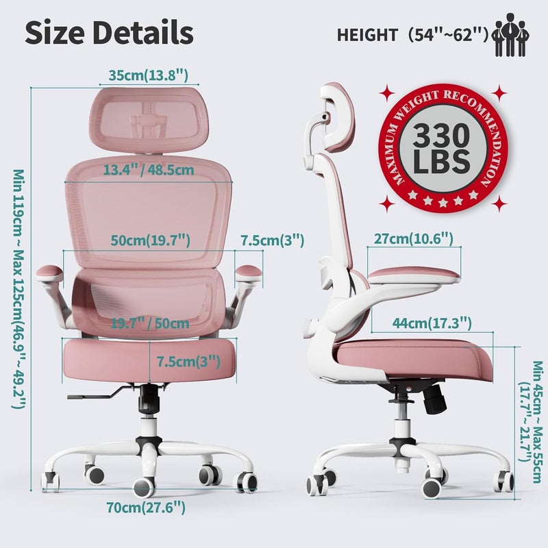 TRALT Office Chair Ergonomic Desk Chair, 330 LBS Home Mesh Office Desk Chairs with Wheels, Comfortable Gaming Chair, High Back Office Chair for Long Hours (Black) (Pale Pink) - Image 2