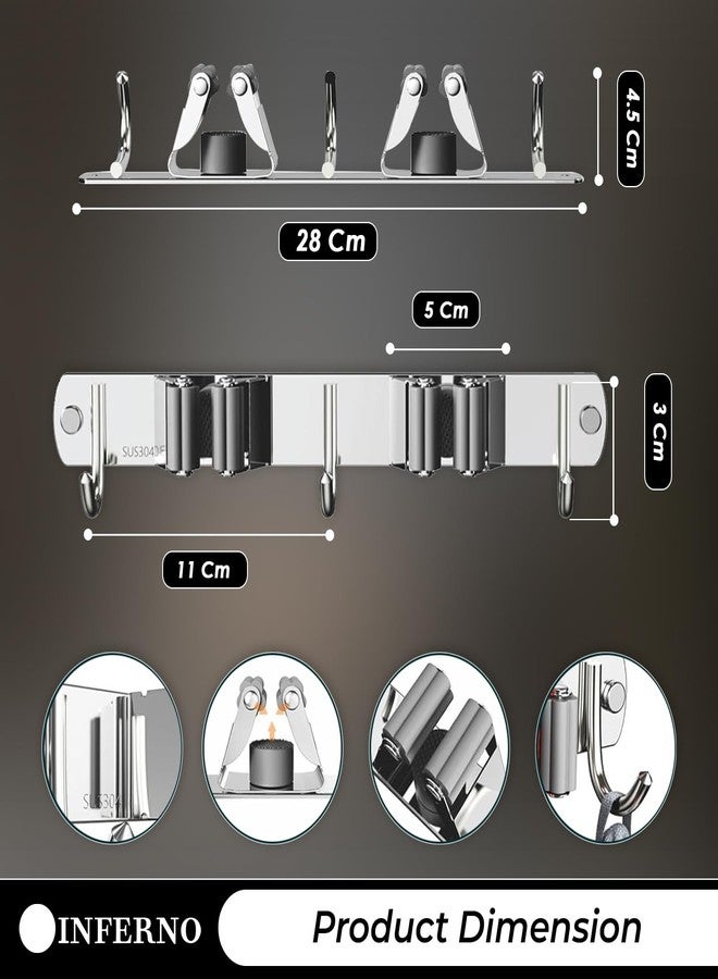 INFERNO Stainless Steel Wall Mounted Broom Stick Holder with 2 Slots with 3 Hanging Hooks | Mop and Broom Holder with Screw Fitting Mechanism with Strong Grip (Pack of 1) - Image 2