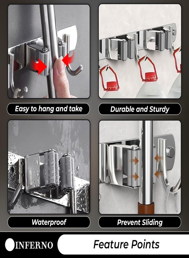 INFERNO Stainless Steel Wall Mounted Broom Stick Holder with 2 Slots with 3 Hanging Hooks | Mop and Broom Holder with Screw Fitting Mechanism with Strong Grip (Pack of 1) - Image 3