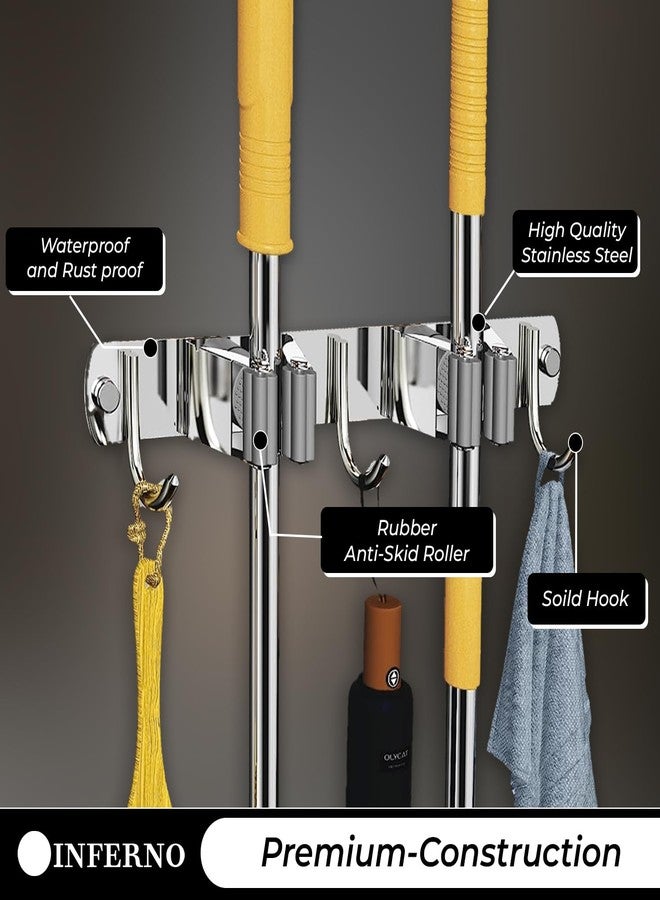 INFERNO Stainless Steel Wall Mounted Broom Stick Holder with 2 Slots with 3 Hanging Hooks | Mop and Broom Holder with Screw Fitting Mechanism with Strong Grip (Pack of 1) - Image 4