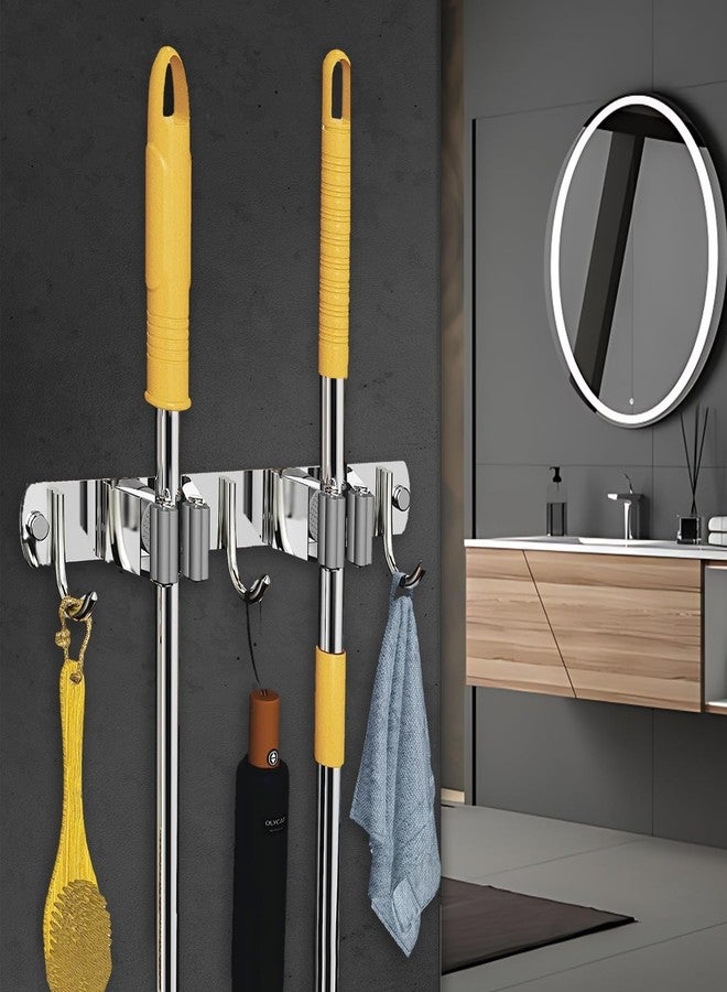 INFERNO Stainless Steel Wall Mounted Broom Stick Holder with 2 Slots with 3 Hanging Hooks | Mop and Broom Holder with Screw Fitting Mechanism with Strong Grip (Pack of 1) - Image 1