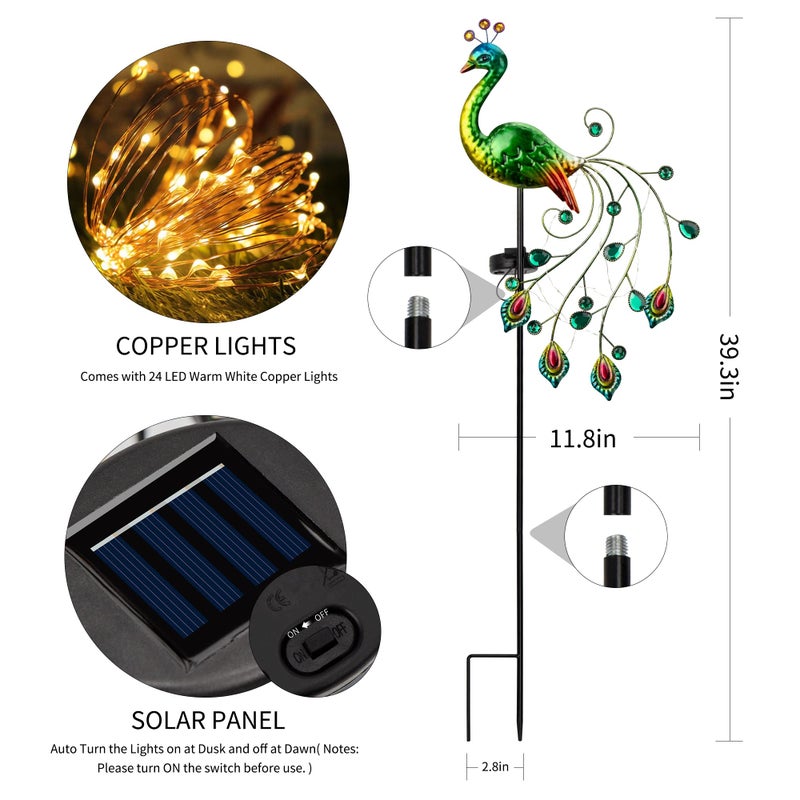 Glintoper Solar Garden Lights, 39 Inch Height Outdoor Metal Peacock Decorative Garden Stakes, Mothers Day Ideal Gifts, Waterproof Path Lights Lawn Stake Ornaments for Patio Pathway Yard Decoration - Image 2