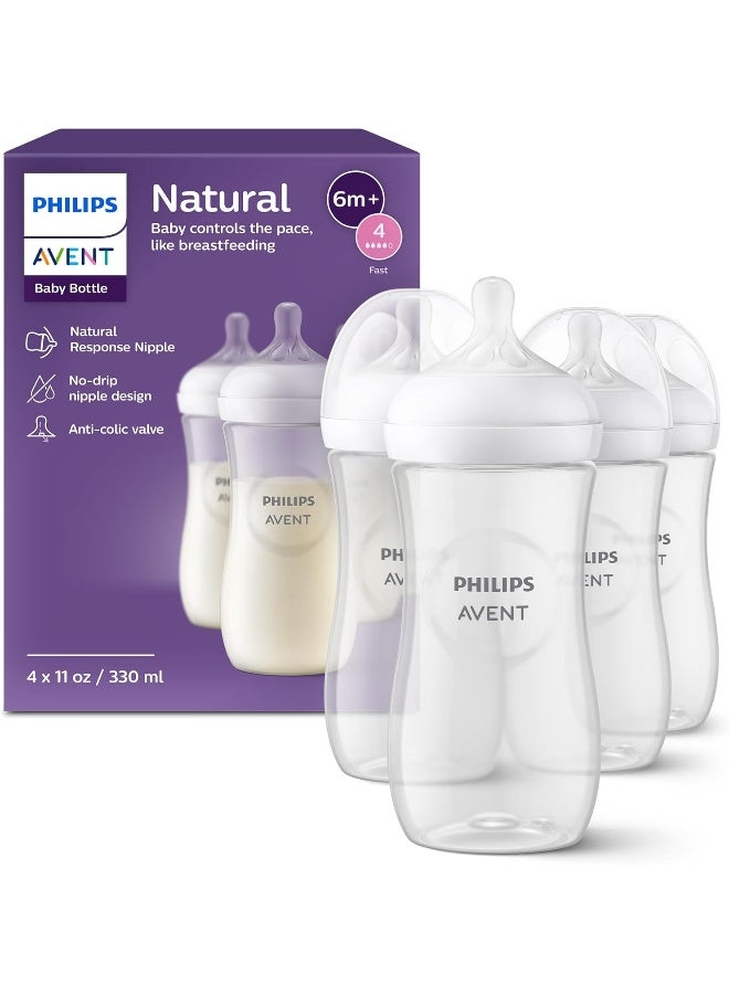 Philips Avent Natural Baby bottles with Natural Response Nipples (Fast Flow, Flow 4), 11oz, 4-Pack, SCY906/04 - Image 1