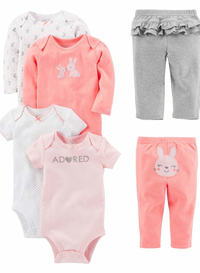 Simple Joys by Carter's Baby Girls' 6-Piece Bodysuits (Short and Long Sleeve) and Pants Set, Multicolor/Bunny/Dots/Text Print, 12 Months - Image 1
