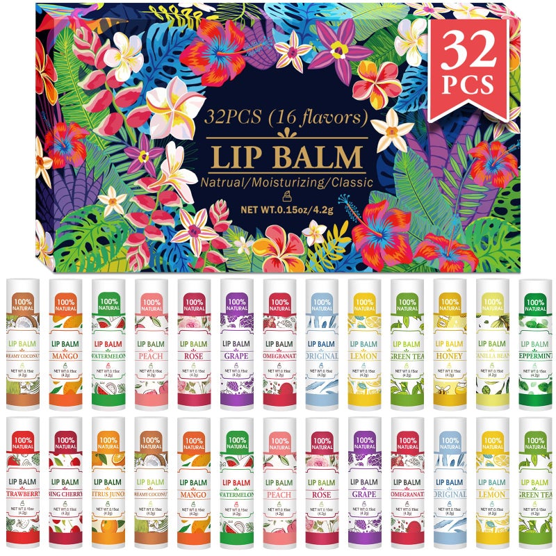 VISRIE 32 Pack Lip Balm Natural Lip Balm Bulk with Vitamin E and Coconut Oil Bulk Lip Balms for Dry Lips16 Flavors