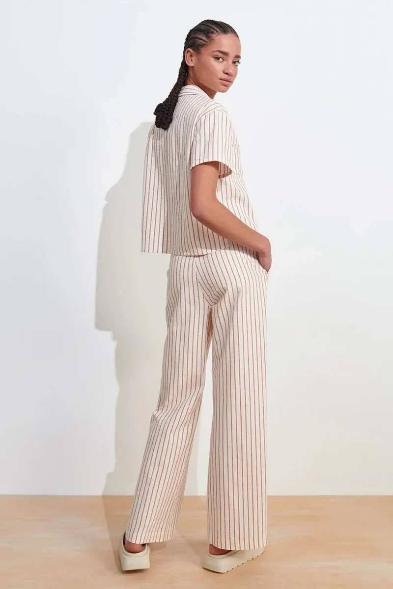Dilvin Cream Natural DILVIN Women's Striped Wide-leg Linen Trousers for Women | Best Price UAE