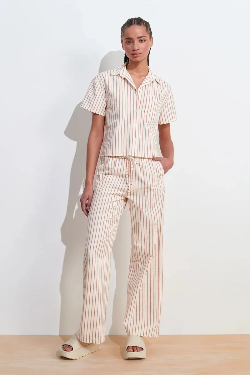 Dilvin Cream Natural DILVIN Women's Striped Wide-leg Linen Trousers for Women | Best Price UAE