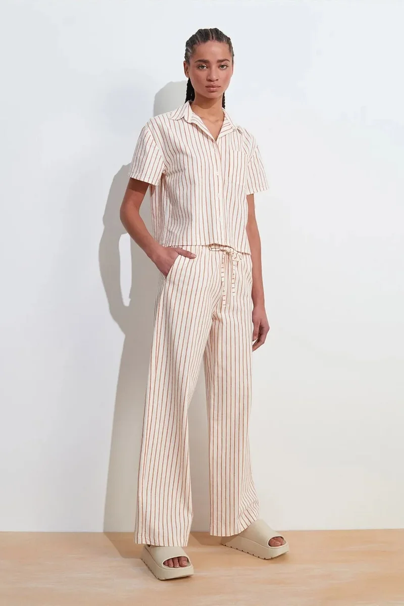 DILVIN Women's Striped Wide-leg Linen Trousers