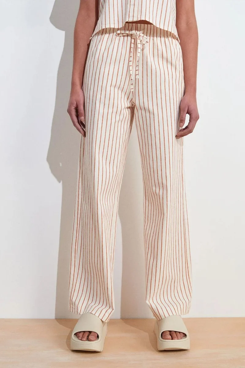Dilvin Cream Natural DILVIN Women's Striped Wide-leg Linen Trousers for Women | Best Price UAE