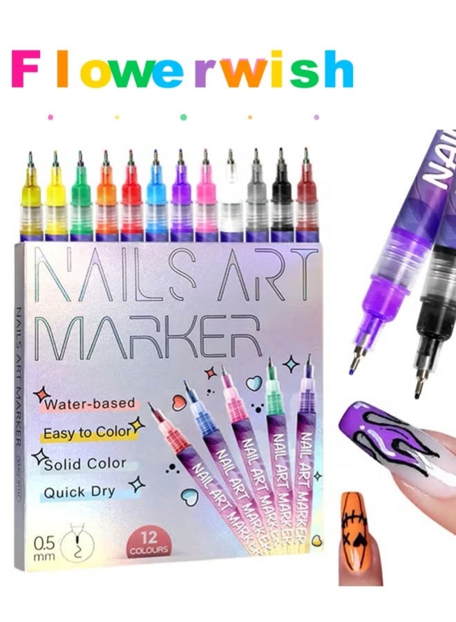 Flowerwish 12 Colors Nail Art Pens Set, Nail Art Markers Polish Pen for 3D Nail Art, Drawing Painting Liner Brush for DIY Nail Art Beauty Adorn Manicure Tools (0.5mm/12 colors) - Image 1