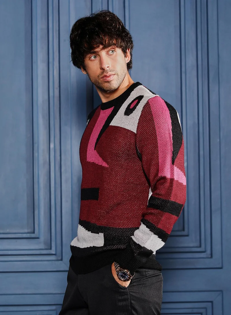 CAHOOT  Men Abstraction-Jacquard Pullover Sweater | Crew Neck, Long Ribbed Cuff Sleeves | Pull On , Ribbed-Straight Hem | Abstract Jacquard | Knitted Fabric For Casual & Daily Wear | Red & Cream for Men | Best Price UAE