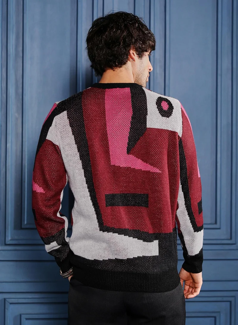 CAHOOT  Men Abstraction-Jacquard Pullover Sweater | Crew Neck, Long Ribbed Cuff Sleeves | Pull On , Ribbed-Straight Hem | Abstract Jacquard | Knitted Fabric For Casual & Daily Wear | Red & Cream for Men | Best Price UAE