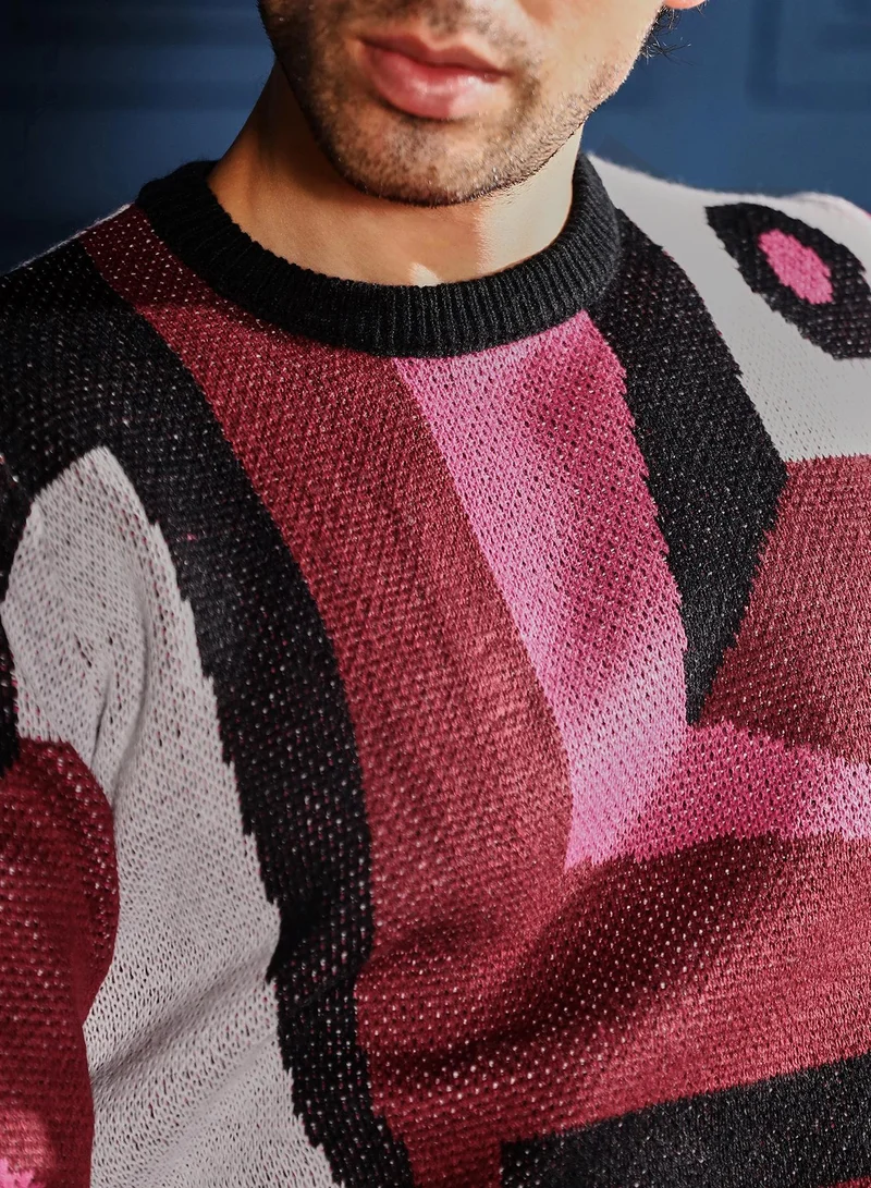 CAHOOT  Men Abstraction-Jacquard Pullover Sweater | Crew Neck, Long Ribbed Cuff Sleeves | Pull On , Ribbed-Straight Hem | Abstract Jacquard | Knitted Fabric For Casual & Daily Wear | Red & Cream for Men | Best Price UAE