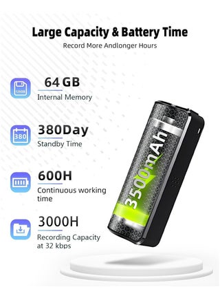 مسجل صوت مغناطيسي 64 جيجا مع تقليل الضوضاء الثلاثي الذكي بتقنية الذكاء الاصطناعي، جهاز تسجيل مستمر لمدة 25 يومًا، مسجل صوت نشط بالصوت، مسجل صوت رقمي للاجتماعات/المقابلات/الفصول الدراسية... - view 4