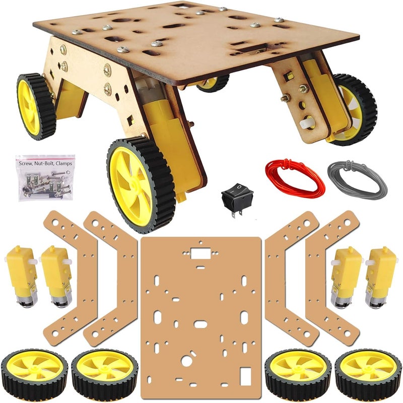 Electrobot Smart Car Wooden Robot Chassis Kit 4WD with 4 BO Double Shaft Motors 4 Plastic Wheels Switch Wires Nut Bolts for Robotics DIY Projects UNO Compatible High Ground Clearance - Image 1